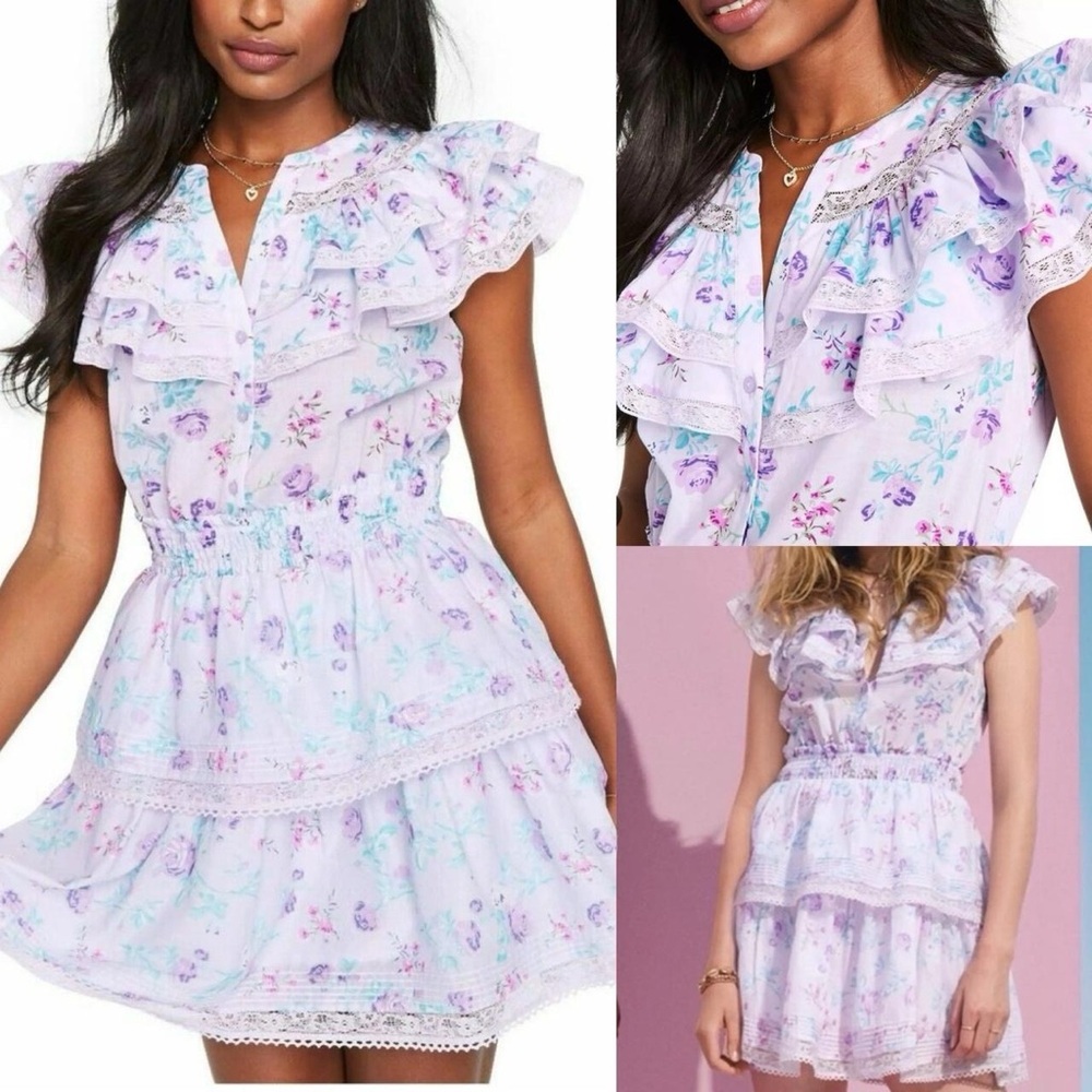LoveShackFancy Lavender Floral Ruffle Mini Dress
